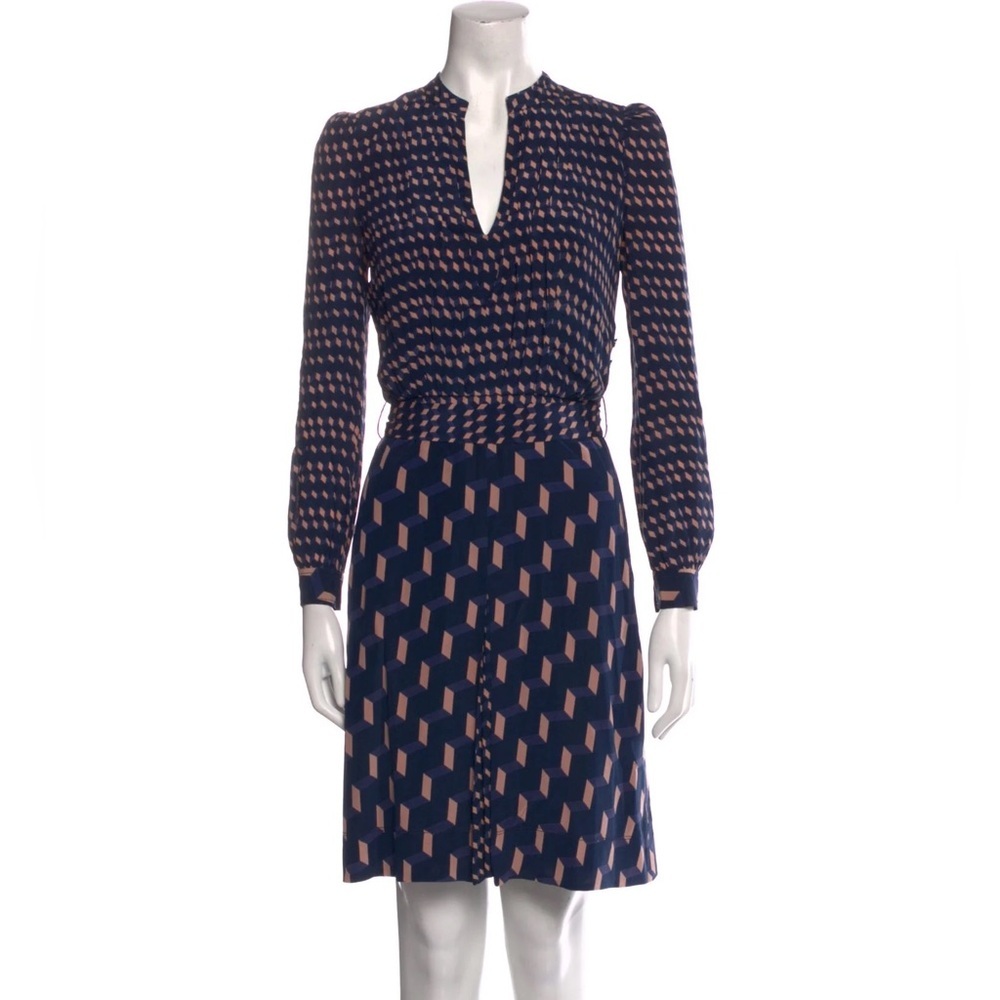 Tory Burch silk dress navy long sleeve size 10 splice neckline